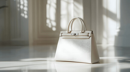 Fototapeta premium Luxury handbag mockup on white surface, soft shadows, blurred elegant background, front perspective