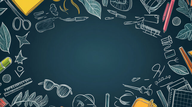 Chalk doodle style on a blackboard for a back-to-school theme. School poster template with hand-drawn accessories and copy space. Banner with a school supplies frame. Vector illustration. 
