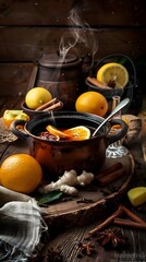 a steaming pot of Mulled wine, on a rustic wooden table with natural lighting