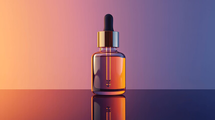 Premium facial serum bottle mockup with dropper on reflective glass surface, subtle gradient background, front perspective