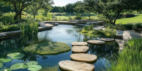 Fototapeta premium Stone path through lush pond and garden.