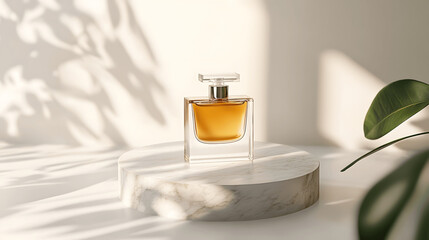 Premium fragrance bottle mockup on marble slab, soft light, clean white background, front perspective