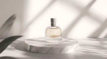 Premium fragrance bottle mockup on marble slab, soft light, clean white background, front perspective