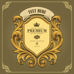 graphic illustration design of royal shield with elegant baroque ornament decoration and vintage curved pins for product design, labels, stickers, merchandise, posters, and for your company or brand