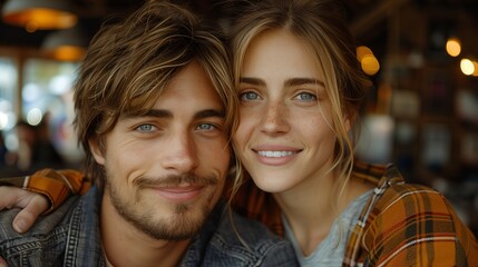A young couple smiling closely together in a cozy cafe setting, with warm lighting and a blurred background. The man has tousled hair and a charming smile