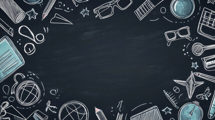 Obraz premium Chalk doodle style on a blackboard for a back-to-school theme. School poster template with hand-drawn accessories and copy space. Banner with a school supplies frame. Vector illustration. 