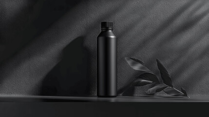 Sleek water bottle mockup on matte black surface, soft reflections, minimalist grey background, front perspective