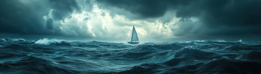 Obraz premium Sailboat Braving Stormy Seas A Symbol of Perseverance and Freedom, A solitary sailboat cuts through turbulent waves, its sails filled with the wind, symbolizing resilience and the pursuit of escape