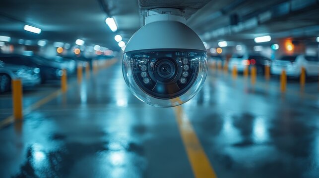 CCTV camera monitoring activity in a parking garage during evening hours