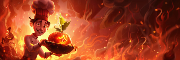 A chef joyfully holds a glowing pumpkin dish amidst swirling flames in an intense cooking competition, showcasing culinary creativity