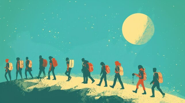 International Migrants Day. Silhouettes of walking migrants at sunset. Horizontal banner. Copy space. Flat illustration. Problems of wars and poverty. Immigration concept
