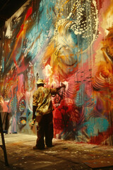 Fototapeta premium An artist uses spray paint to create a colorful mural on a wall, showcasing dynamic designs and vivid colors in broad daylight
