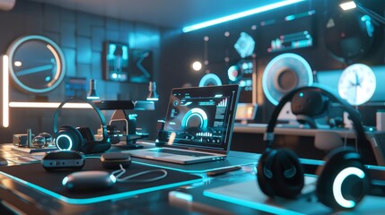 Digital Dreams Futuristic Tech Workspace with Virtual Reality Laptop and Gadgets