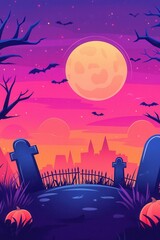 A spooky graveyard scene with a bright full moon, bats, perfect for Halloween-themed designs and decorations.