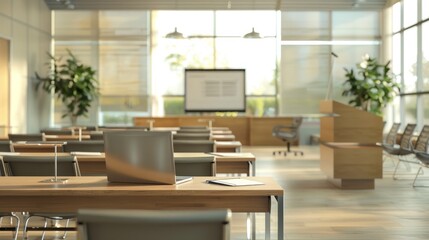Fototapeta premium Empowering Education Modern Corporate Training Setup with Interactive Laptop Slideshow in Empty Seminar Room