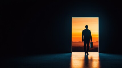 Obraz premium Businessman silhouetted against setting sun, contemplating resignation from a fulfilling yet demanding corporate career