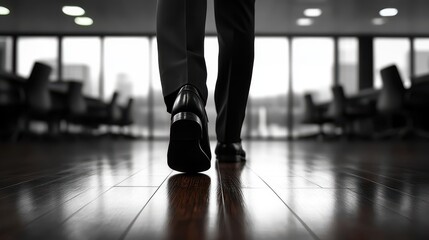 Businessman's feet walking towards new horizons, contemplating resignation and stepping into unknown opportunities