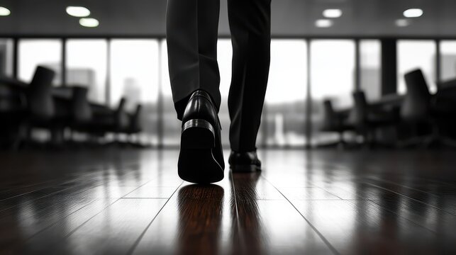 Businessman's feet walking towards new horizons, contemplating resignation and stepping into unknown opportunities