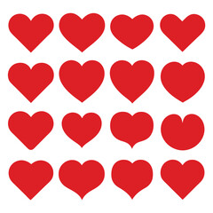 Set of Red Heart Flat Cartoon Icons. Romantic Abstract Symbols in Various Shapes for Valentine's Day.