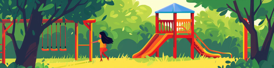 Obraz premium A child enjoys swinging on a playground swing set while another play structure is nearby, all set in a lush green park with trees