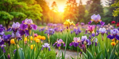 Obraz premium Iris flowers blooming in a beautiful garden setting, iris, flowers, garden, blooming, colorful, nature, floral, plants, botany