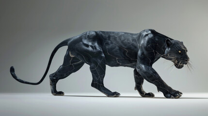 Fototapeta premium The black panther strides purposefully with a powerful gait, its sleek coat glistening under the light, emphasizing its athletic form
