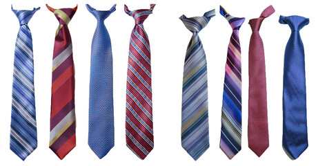 Collection of colorful neckties in various patterns isolated on transparent background