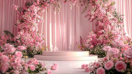 Naklejka premium Romantic pink floral stage with lush flower arrangements, A dreamy stage decorated with abundant pink flowers and soft drapery, creating a romantic and elegant atmosphere for special events.