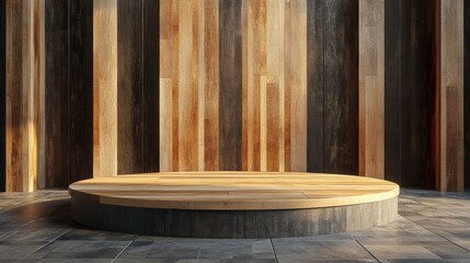 A circular wooden platform sits in front of a wall of different wood planks.