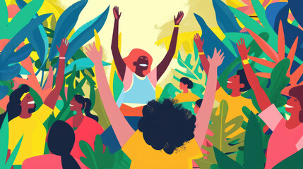 People gather joyfully in a colorful tropical garden, celebrating with raised hands, smiles, and a sense of community under the sun