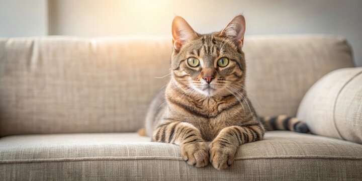 A cute tabby cat lounging comfortably on a cozy couch, cat, tabby, pet, cozy, home, relaxation, comfort, lazy, feline