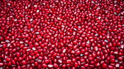 The desired image should be dominated by a vast expanse of pomegranate seeds. The seeds, with their glistening ruby-red appearance, should be densely packed, creating an almost uninterrupted sea of vi
