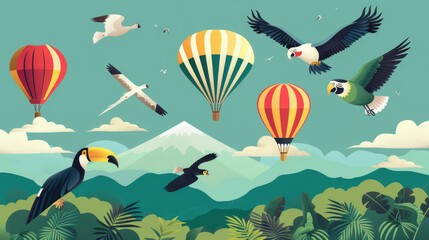 Fototapeta premium Hot air balloons drift gracefully over a mountainous region while birds of different species flit through the clear sky above