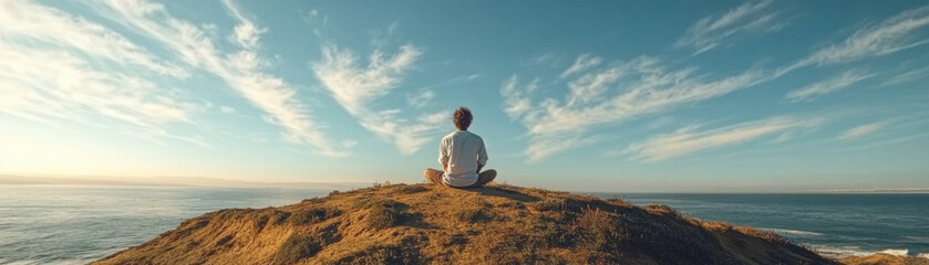 Tranquility on the Coast Artist Painting on a Cliff Overlooking the Ocean at Sunset, Capturing the Peaceful Beauty of Nature