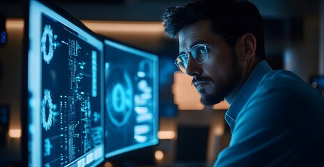 Fototapeta premium Cinematic shot of a male cybersecurity expert analyzing data on a computer screen in a dark office room