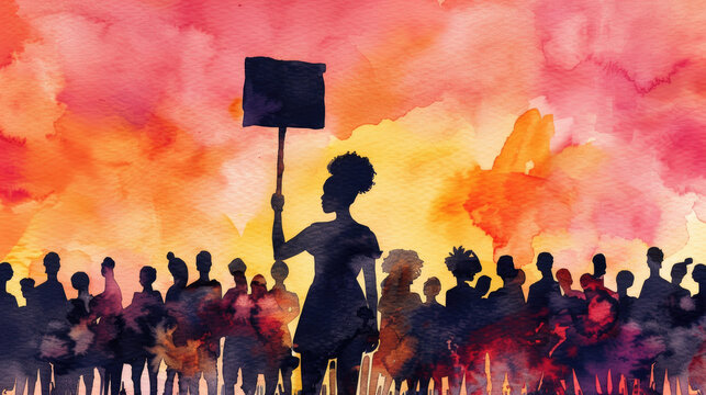 A protester stands confidently with a sign, surrounded by a diverse crowd against a vibrant sunset backdrop, representing activism and hope