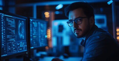 Cinematic shot of a male cybersecurity expert analyzing data on a computer screen in a dark office room