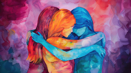 Fototapeta premium Three women share a heartfelt embrace, vividly illustrated with bright, swirling colors that convey warmth and unity among friends