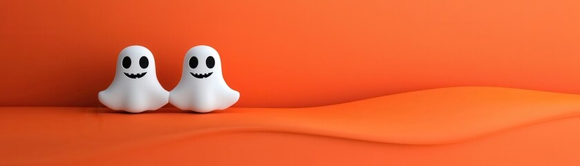Obraz premium Two cheerful ghost figures on a vibrant orange background, perfect for Halloween-themed designs and decorations.