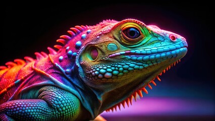 Fototapeta premium Vibrant neon lizard against a dark background, neon, lizard, reptile, vibrant, colorful, bright, animal, exotic, wildlife
