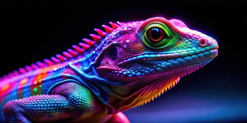 Fototapeta premium Vibrant neon lizard with glowing scales in dark environment, neon, lizard, reptile, glowing, scales, vibrant, exotic, animal