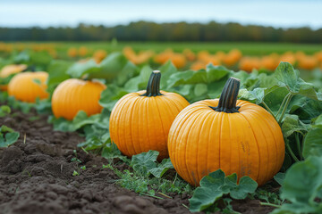 A field or farm scene with pumpkins ready for harvest or being picked, showcasing the seasonal bounty and autumnal setting