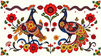 Obraz premium Pattern with peacock, Abstract painting, peacock pattern, flower ornament pattern.seamless pattern with peacock and flowers