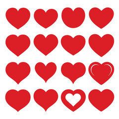 Set of Red Heart Flat Cartoon Icons. Romantic Abstract Symbols in Various Shapes for Valentine's Day.