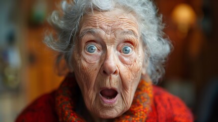 An elderly woman with gray hair and wide eyes, expressing shock or surprise. She has deep wrinkles and is wearing a bright red sweater