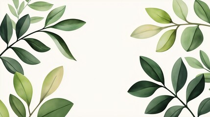 Fresh Greenery Frame: A captivating watercolor illustration featuring a border of lush green leaves against a pristine white background, perfect for invitations, cards, and social media.  