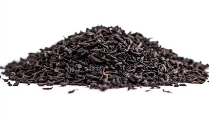 A Heap of High Quality Loose Black Tea Leaves isolated on a Pure White Background. Tea Brewing