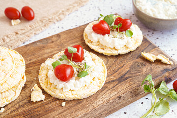 corn cake with cream cheese and Cherry tomatoes shaped of heart