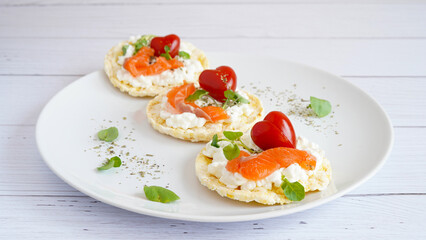 corn cake with cream cheese, salmon and Cherry tomatoes shaped of heart