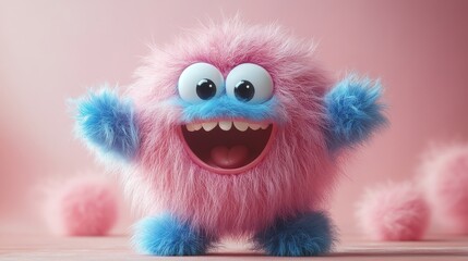 Fototapeta premium 3d happy colorful cartoon character monster jumping an3d dancing furry toy is having fun funny dance moves